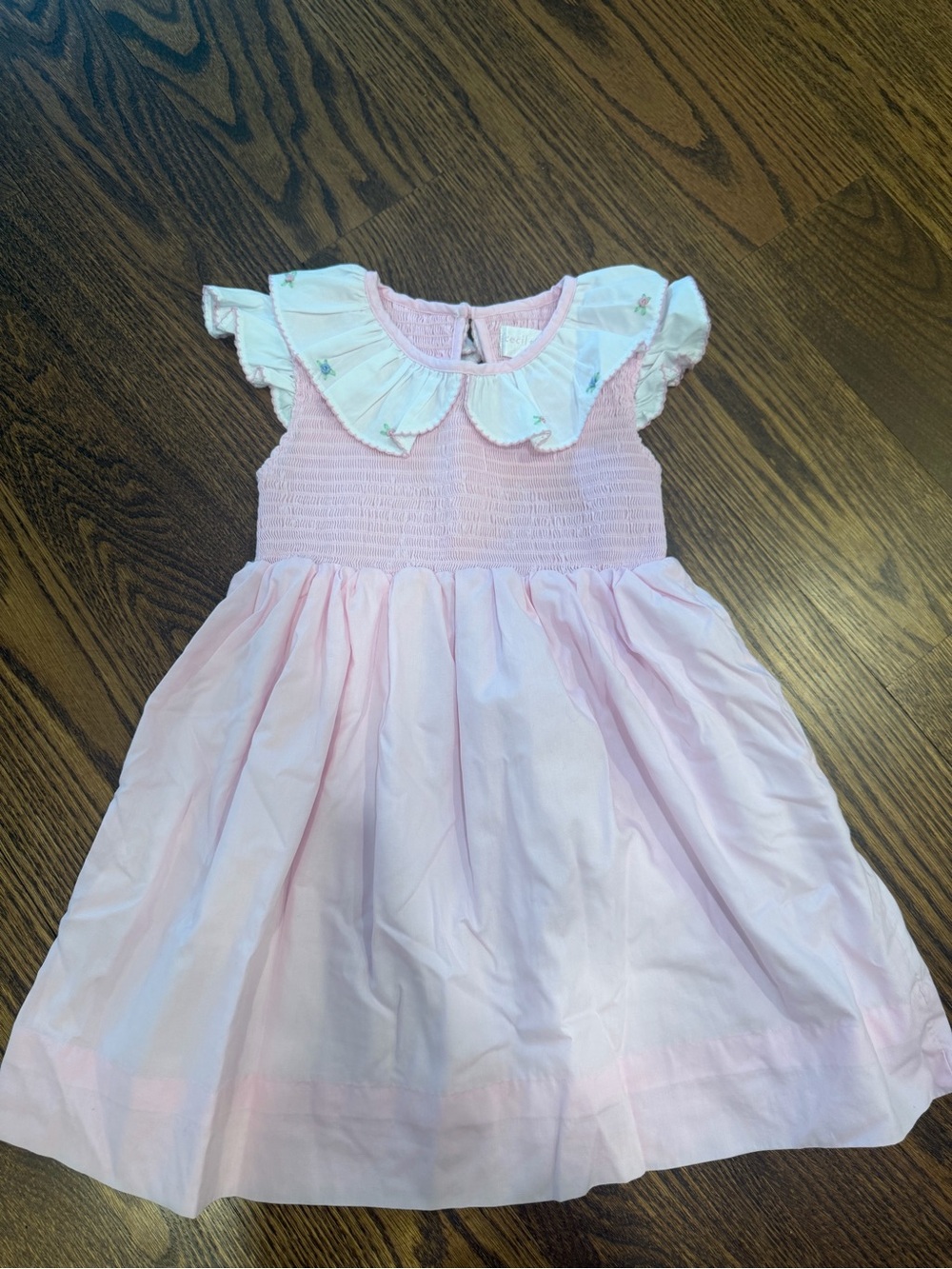 Smocked Pink Girls Dress with Ruffled Embroidered Collar